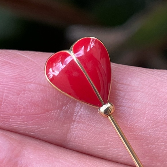 Vintage Jewelry - Red enamel puffy heart gold tone metal pin brooch
